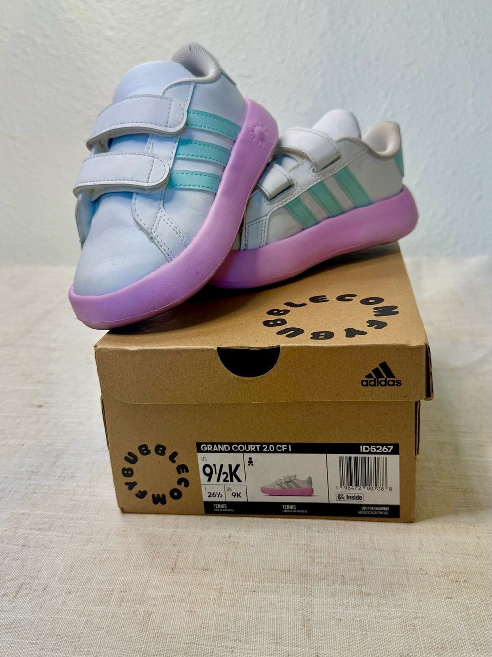 adidas Kids grand court 2 White Sneakers with Mint Stripes & Pink Soles